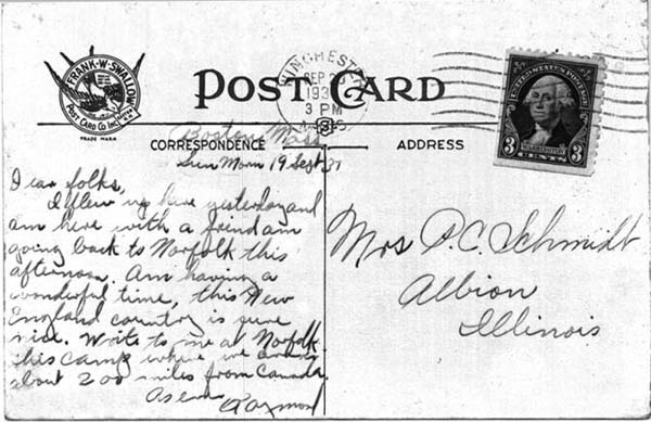 Postcard written 
the day before the crash.